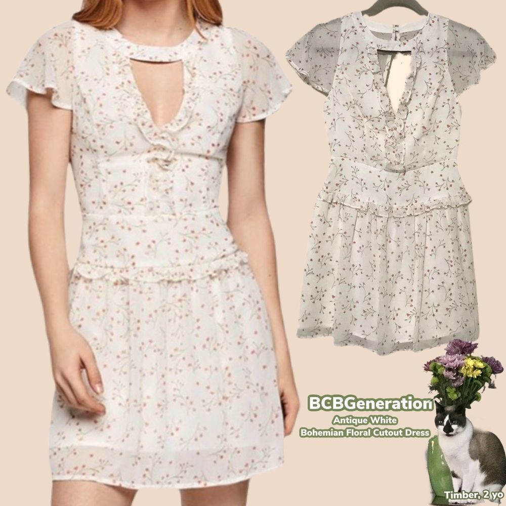NWT $128 BCBGeneration | Flutter Sleeve | Floral Cutout Dress in Antique White